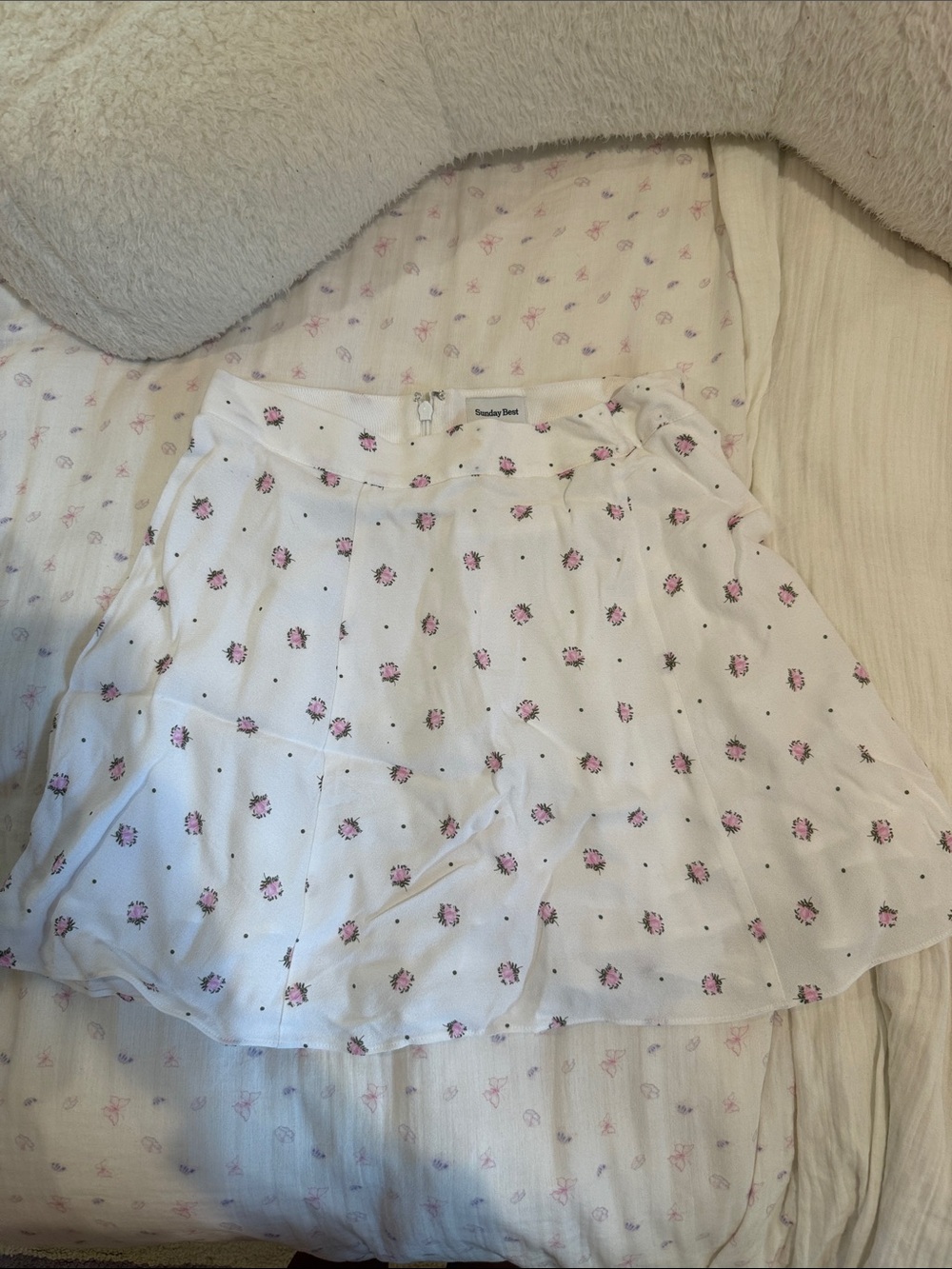 Aritzia White Mini Skirt with Pink Floral Dots